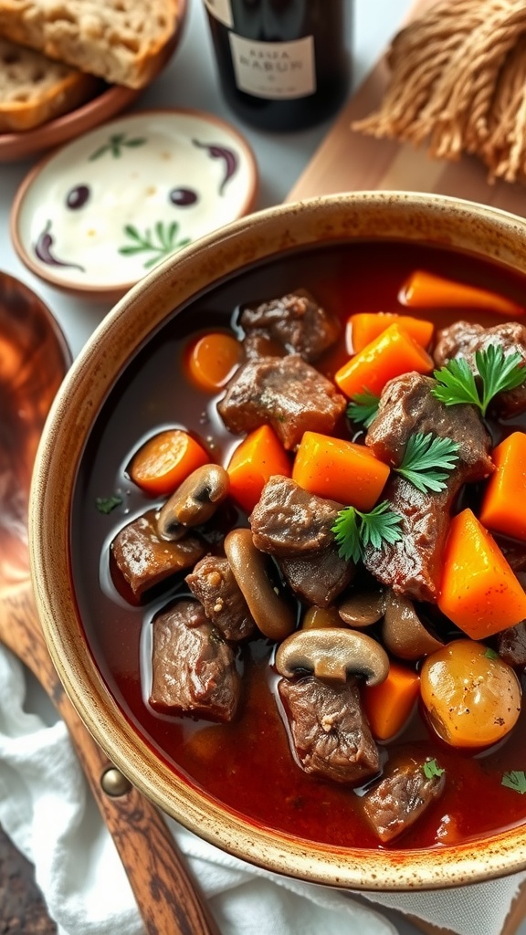 A hearty bowl of Beef Bourguignon with beef, mushrooms, and carrots in red wine sauce, garnished with parsley, set in a rustic kitchen.